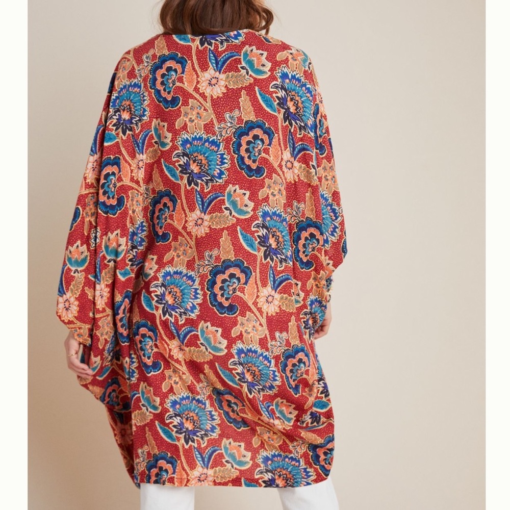 ANTHROPOLOGIE Red Blue Floral Andersen & Lauth Astrid Women’s Long Kimono NEW